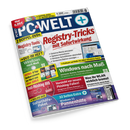 Titelblatt des Computermagazins „PC-WELT+“ Ausgabe 8/2026 in blauer, weißer und roter Farbgestaltung, schräg liegend abgebildet. Zentrale Schlagzeile „Registry-Tricks mit Sofortwirkung“, weitere Themen wie „Windows nach Maß“, „Anti-Phishing-DVD“, „Soforthilfe-Paket“ und „Windows 11 Pannenhilfe“, sichtbar sind grafische Elemente wie CDs, Softwarefenster, grüne, gelbe und rote Textfelder auf weißem Hintergrund.