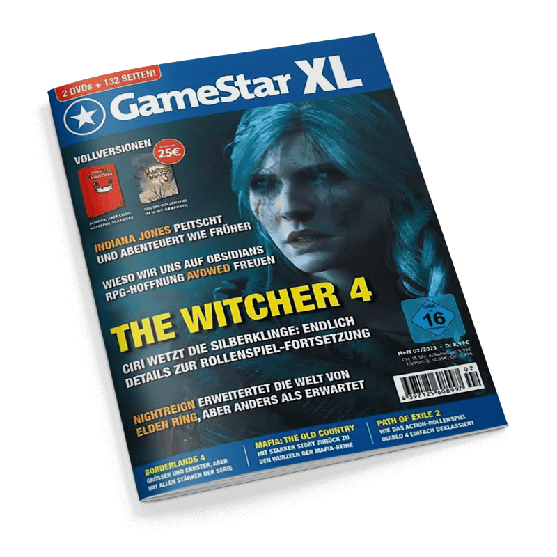 Titelbild der Spielezeitschrift „GameStar XL“ mit blauem Hintergrund und großem Porträt einer Fantasy-Figur mit blauen Haaren im Vordergrund, zentrale gelbe Schrift „THE WITCHER 4“, weitere Texte: „Ciri wetzt die Silberklinge: Endlich Details zur Rollenspiel-Fortsetzung“, „Indiana Jones peitscht und abenteuer wie früher“, „Wieso wir uns auf Obsidians RPG-Hoffnung Avowed freuen“, sichtbare Altersfreigabe ab 16 Jahren, Ausgabe 02/2025, Barcode unten rechts.