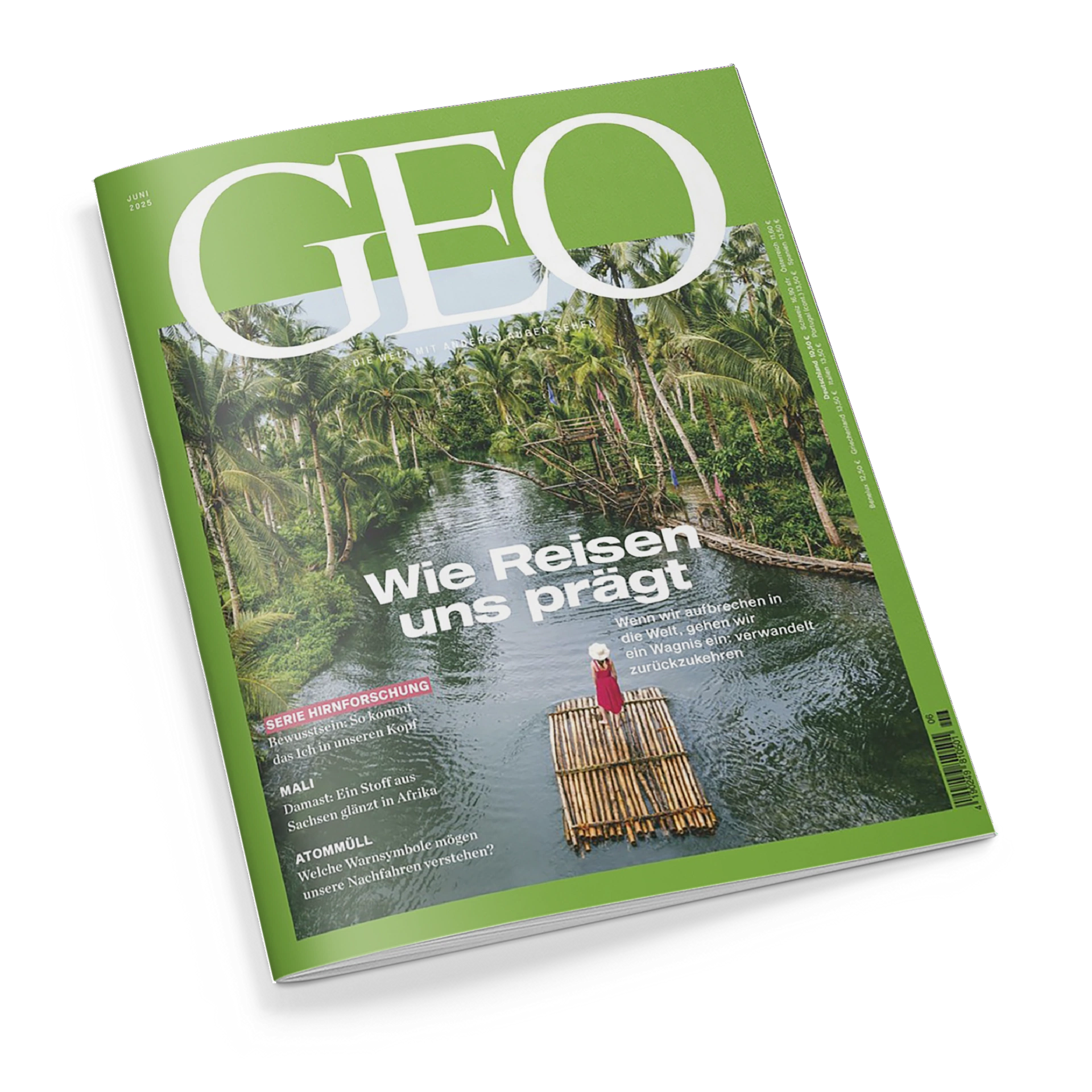 Titelseite des Magazins „GEO“ in Grün mit weißem Schriftzug im oberen Bereich, Ausgabe Juni 2023. Im Zentrum eine tropische Flusslandschaft mit dichtem Palmenbewuchs; auf dem Wasser steht eine Person in rotem Kleid auf einem Bambusfloß. Hauptüberschrift: „Wie Reisen uns prägt“. Weitere Themen: „Serie Hirnforschung“, „Mali“, „Atommüll“.