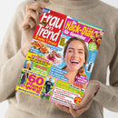 Titelseite der Zeitschrift „Frau im Trend“ mit großem Porträt einer lachenden Frau vor hellblauem Hintergrund, farbenfrohen Überschriften wie „Die Hack-Diät für Genießer“, „60 Pfund weg“ und „Sofort 5 Jahre jünger aussehen“, dazu Fotos von Gerichten, einer älteren männlichen Person sowie einer Frau vor und nach einer Abnahme, gehalten von einer Person in beigefarbenem Strickpullover vor neutralem Hintergrund.