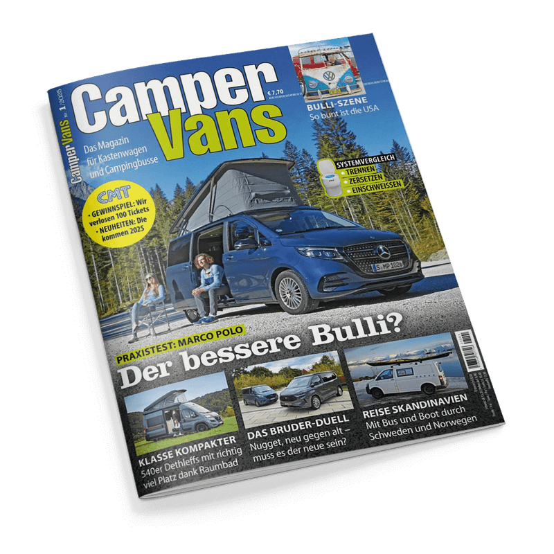 Titelbild der Zeitschrift „Camper Vans“, Ausgabe 1/2025, mit einem blauen Mercedes Marco Polo Campervan in Frontansicht vor bewaldeter Berglandschaft, aufgeklapptem Schlafdach und zwei sitzenden Personen, darunter große Überschrift „Der bessere Bulli?“ sowie Themenvorschauen: „Klasse Kompakter“, „Das Bruder-Duell“, „Reise Skandinavien“, gelber Kreis mit Hinweis auf ein Gewinnspiel zur Messe CMT 2025, rechte obere Ecke mit Texten zu Systemvergleich und Bulli-Szene.
