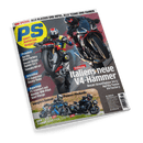 Titelbild der Zeitschrift „PS sport motorrad magazin“, Ausgabe 6/2025, mit zwei Motorrädern in Actionperspektive im Zentrum; links eine frontal springende Maschine mit Fahrer in gelbem Rennanzug, rechts ein Motorrad in Schräglage auf der Straße. Textinhalte: „Italiens neue V4-Hämmer“, „Vergleichstest Power-Nakeds“, „Interview Davey Todd“, „Reportage PS trainiert mit Xavi Vierge“. Unten: Bilder von BMW S 1000 R und Triumph Speed Triple 1200 RS.
