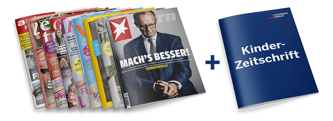 Neun nebeneinander gestaffelte Zeitschriften mit sichtbaren Titeln wie „stern“ mit dem Titel „Mach’s besser!“ und dem Porträt eines älteren Mannes im Anzug, flankiert von weiteren Magazinen mit bunten Covern und Texten; rechts daneben ein dunkelblaues Heft mit weißer Aufschrift „Kinder-Zeitschrift“ und kleinem Logo „LESERKREIS DAHEIM“ in der rechten oberen Ecke.