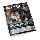 Titelbild des Magazins „P.M. History“ Ausgabe 06/2025 mit der Schlagzeile „Ciao Heimat! Auswanderer – Von Menschen, die in der Ferne ihr Glück suchten“; vordergrundig abgebildet ist eine historische Szene mit zwei erwachsenen Personen, einem Kind auf dem Arm und einem weiteren Kind am Geländer, alle in historische Kleidung gehüllt; links oben befindet sich ein kleiner Kasten mit dem Titel „Waterloo“ und dem Hinweis „1815: Napoleons Niederlage schuf ein neues Europa“.