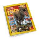Titelbild der Kinderzeitschrift „National Geographic Kids“ mit großem, zentriertem 3D-Dinosaurier (Tyrannosaurus Rex) vor Waldlandschaft; links fünf kleinere Bildkästen mit Tieren und Texten: „Diese Tiere haben Spaß!“, „Von Salt über den Wolken“, „Knuffiger Klettermaxe!“, „Igel mit Appetit auf Ameisen!“; rechts zwei Posterhinweise mit Tieren; Haupttitel: „DINOS: Steinerne Spuren!“, gelber Rahmen, roter Hintergrund im oberen Bereich.