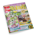 Titelblatt der Zeitschrift „Lisa Wohnen & Dekorieren“ mit violettem Kopfbereich und gelbem Schriftzug, Ausgabe Juni 2025. Abgebildet ist eine sommerlich dekorierte Terrasse mit braunem Gartensofa, bunten Kissen, Pflanzen und Dekoartikeln. Textausschnitte: „Das ist mein Happy Place“, „53 Ideen für schöne Sommerfeste“, „Rosen-Liebe“. Im Vordergrund ein Extra-Heft mit pinkem Rahmen und Blumenarrangement aus Rosen und Hortensien.