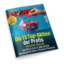 Schräg liegendes Magazincover „MONEY“ auf schwarzem Hintergrund mit blauem Farbverlauf, einer transparenten Glasschale voller roter, weißer und blauer Herzen sowie einer Hand, die ein rotes Herz darüber hält. Sichtbare Texte: „Die 15 Top-Aktien der Profis“, „Exklusive Analyse: Das Beste aus 45.000 Aktien“, „Airlines: Wer den Kerosinpreisen trotzt“, „IT: Comeback der Branchen-Dinos“ und „Anleihen: Sichere sieben Prozent“.