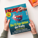 Cover des Magazins „FOCUS MONEY“ mit türkisfarbenem Hintergrund, rotem Titelbalken und einem gläsernen Sparschwein voller roter, rosafarbener, blauer und weißer Herzformen. Zwei Hände halten das Magazin; sichtbar sind die Texte „Airlines: Wer den Kerosinpreisen trotzt“, „IT: Comeback der Branchen-Dinos“, „Anleihen: Sichere sieben Prozent“ und „Die 15 Top-Aktien der Profis“.