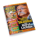Schräg dargestelltes Titelbild der Zeitschrift „Freizeit Spaß“ mit gelbem und rotem Rand auf schwarzem Hintergrund. Abgebildet sind ein kahlköpfiger Mann mit Brille und grauem Schnurrbart, eine blonde Frau, ein Mann mit Cowboyhut sowie weitere Personen; sichtbare Texte: „Lieblings-Pasta für Genießer“, „Ehe am Abgrund“, „Die Polizei ermittelt um Horst Lichter“ und „Das größte Rätsel-Magazin“.