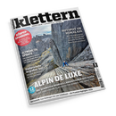 Schräg liegendes Magazincover „Klettern“ mit dem Untertitel „ABENTEUER | LIFESTYLE | SPORT“ auf schwarzem Hintergrund. Das Titelbild zeigt eine männliche Kletterperson in blauem Oberteil, Helm und Seil an grauen Felswänden; sichtbare Texte: „ALPEN DELUXE“, „HOTSPOT IM HIMALAYA“, „ALTMÜHLTAL UPDATE“ und „Kletterschuhe im großen Test“.