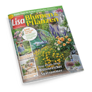 Schräg fotografiertes Magazincover „Lisa Blumen & Pflanzen“, Ausgabe September 2026, mit grünem Titelbereich und großem gelbem Schriftzug „Blumen & Pflanzen“. Gartenmotiv mit gelben und orangefarbenen Blüten, violetten Blumen, Sitzmöbeln und bepflanzten Gefäßen; kleine Fotos zeigen eine weibliche Person beim Gärtnern, eine Terrasse und Ziergräser. Texte: „Praxis-Tipps für Balkon und Garten“, „Herbst-Anemonen – die schönsten Sorten“, „Neue Pflanz-Ideen: Blütenreicher Spätsommer“ sowie weitere Gartenthemen.