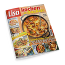 Schräg von oben fotografiertes Kochmagazin „Lisa“ mit rotem und beigefarbenem Cover auf schwarzem Hintergrund. Der Titel lautet „Kochen & backen“, darunter steht „Einfache Rezepte, die alle begeistern“; abgebildet sind eine Pfanne mit Hackbällchen, Gemüse und Löffel sowie mehrere kleinere Rezeptfotos und Texte wie „Extra“, „16 Seiten Spar-Rezepte“ und „Schnell, lecker, neu“.
