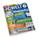 PC-WELT-plus-Titelblatt in schräger Perspektive auf schwarzem Hintergrund, mit blauem, gelbem, grünem, orangefarbenem und grauem Layout. Sichtbare Texte: „Windows Pro gratis!“, „2 Doppel-DVDs“, „+ 32 Seiten Extra“, „Update mit 1-Klick“, „WLAN-Tuning“, „Diese Downloads sind gefährlich!“ und „Ihr Recht auf Reparatur“; abgebildet sind DVDs, Softwarefenster, ein Laptop und ein Router.