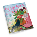 Schräg fotografiertes Magazincover „Reader’s Digest“ mit hellblauem Hintergrund, pinker Titelzeile und farbiger Gartenillustration: Pfau im Vordergrund, kleiner Vogel auf einer rosa Gießkanne, Tulpen, Blätter, Blumen, Radieschen und Schnecke. Sichtbare Texte: „HEALTH • MONEY • TRAVEL • FOOD & DRINK • CULTURE • REAL STORIES“, „Easy 6 Ways To Get A Green(er) Thumb“, „Sean Penn On Politics, Pressure And Perseverance“ und „100-Word-Story Competition Winners Revealed“.