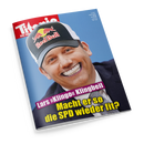 Schräg auf schwarzem Hintergrund liegendes Zeitschriftencover mit einem lächelnden männlichen Porträt in dunklem Anzug, gemusterter Krawatte und schwarz-grau-weißer Red-Bull-Kappe. Sichtbare Texte: „Lars Klingbeil“ und „Macht er so die SPD wieder fit?“.