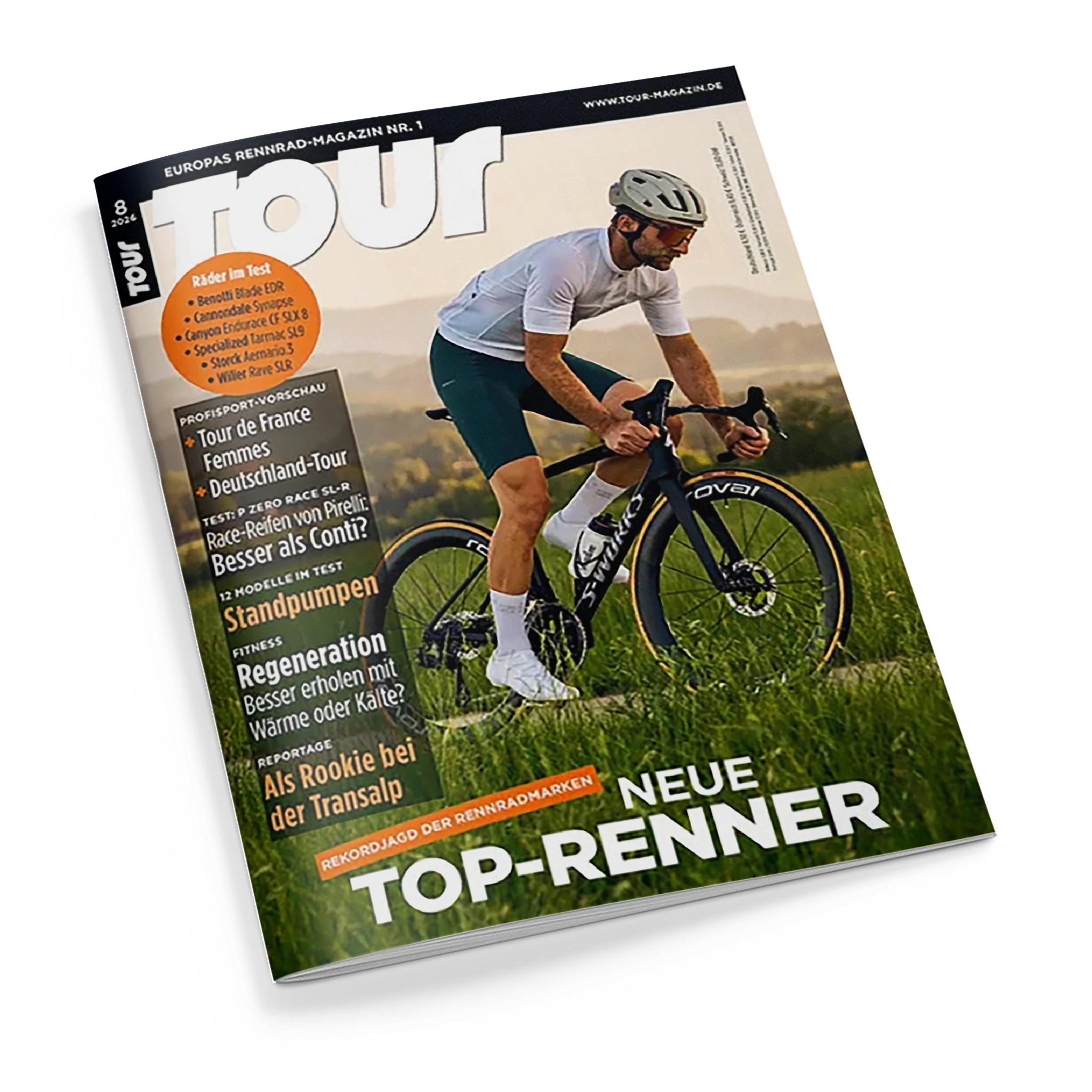 Schräg dargestelltes Cover des Rennradmagazins „TOUR“ mit männlicher Person auf einem schwarzen Rennrad in grüner Landschaft; die Person trägt weißen Helm, Sonnenbrille, weißes Trikot und dunkle Radhose. Sichtbare Texte: „Europas Rennrad-Magazin“, „www.tour-magazin.de“, „Tour de France“, „Deutschland-Tour“, „Standpumpen“, „Regeneration“ und „Neue Top-Renner“.