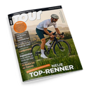 Schräg dargestelltes Cover des Rennradmagazins „TOUR“ mit männlicher Person auf einem schwarzen Rennrad in grüner Landschaft; die Person trägt weißen Helm, Sonnenbrille, weißes Trikot und dunkle Radhose. Sichtbare Texte: „Europas Rennrad-Magazin“, „www.tour-magazin.de“, „Tour de France“, „Deutschland-Tour“, „Standpumpen“, „Regeneration“ und „Neue Top-Renner“.