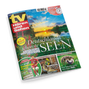 Schräg fotografiertes Magazin „TV Hören und Sehen“ mit glänzendem Papiercover. Titelbild eines Sees bei Sonnenuntergang mit Bäumen, Wiesen und blauem Himmel; sichtbare Texte: „Deutschlands schönste SEEN“, „Die Heimat genießen“ und „Wo klares Wasser und traumhafte Landschaft für Erholung sorgen“. Unten: männlicher Fußballspieler, Wanderschuhe und Igel mit den Überschriften „Bundesliga-Planer“, „Wandern“ und „Eine Sommernacht mit einem Igel“.