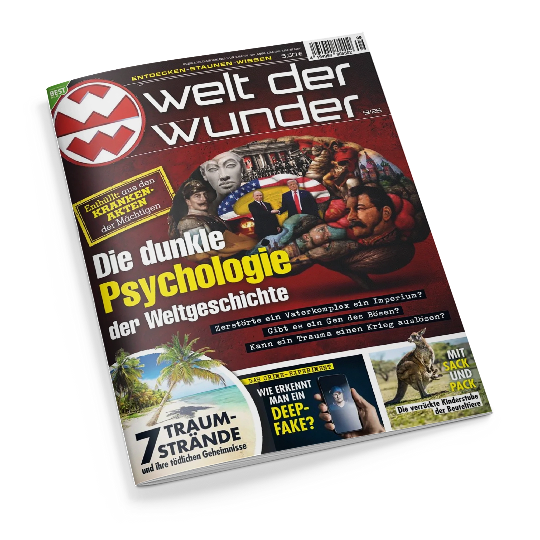 Schräg fotografiertes Magazin „Welt der Wunder“ mit dunkelrotem Cover, weißem Titel und gelben sowie weißen Überschriften. Die Collage zeigt mehrere männliche Personen, historische Darstellungen, Flaggen, ein Känguru, einen Strand mit Palmen und ein Smartphone; lesbare Texte sind „Entdecken-Staunen-Wissen“, „Die dunkle Psychologie der Weltgeschichte“, „7 Traum-Strände“, „Wie erkennt man ein Deep-Fake?“ und „Die verrückte Kinderstube der Beuteltiere“.